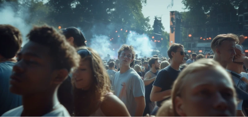 Een jonge man staat in een dichte menigte op een openluchtmuziekfestival overdag, omringd door mensen die dansen en socialiseren, met podiumverlichting en rook op de achtergrond.
